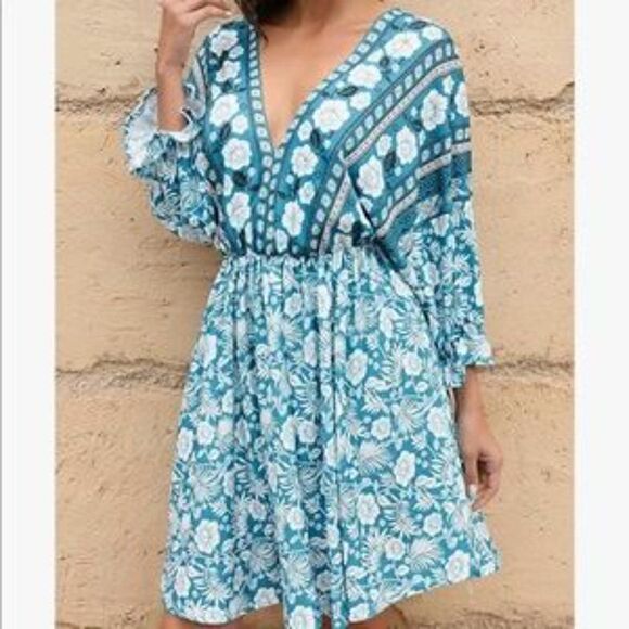 New Boho Floral Tie Back Clinched Cuff Short Dress - Picture 6 of 7